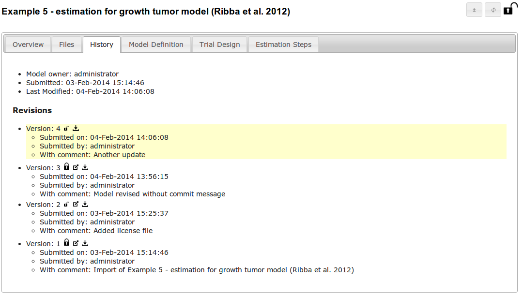 A model with public and private revisions, seen by a user with access rights