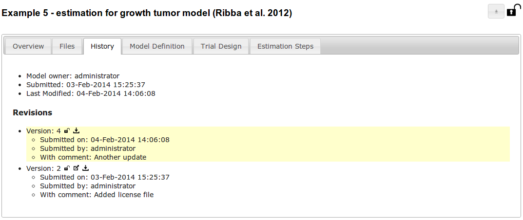 A model with public and private revisions, seen by users without private access rights