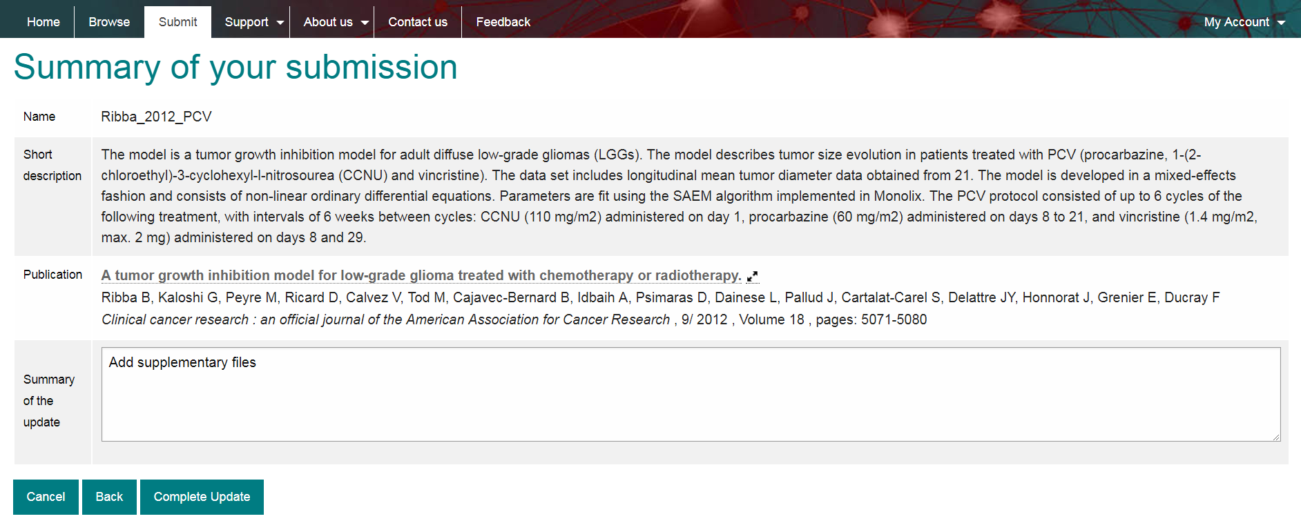 Model summary with description of changes